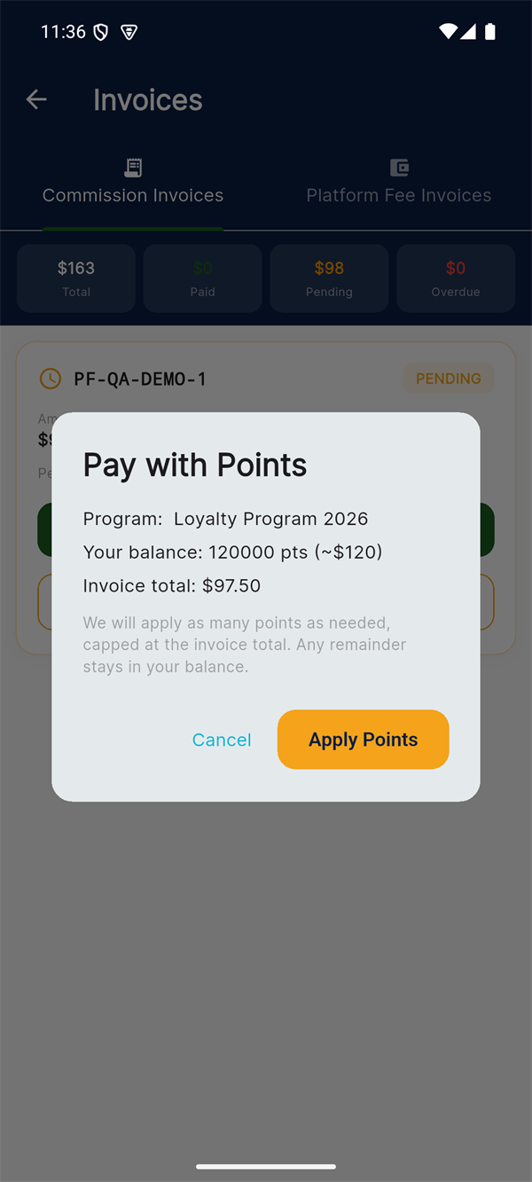 Pay with Points screen