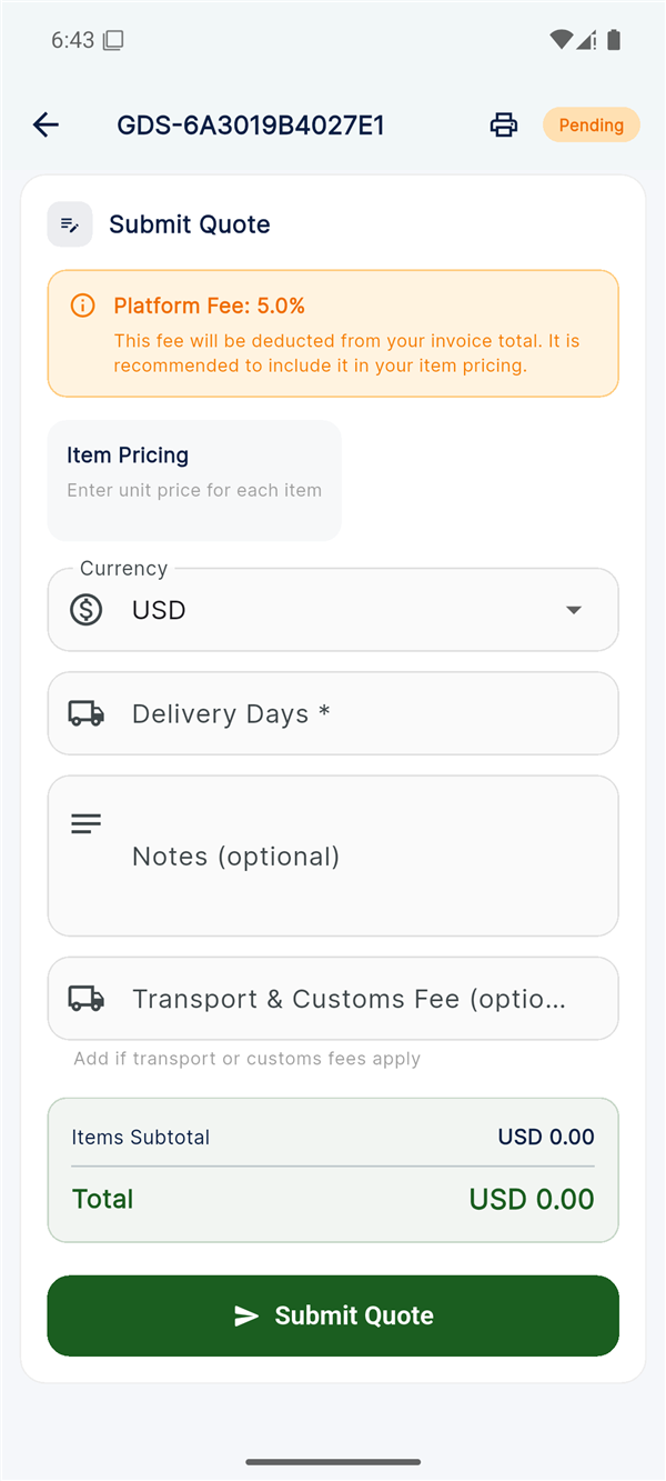 Quote Form screen
