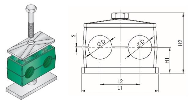 CLAMP TUBE POLYPROPYLENE, W/WELD PLATE TWIN 25MM
